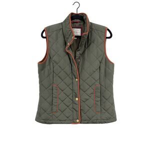 G.H. Bass & Co Womens L Olive Quilted Barn Vest Brown Trim Snap Zip Heritage